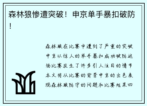 森林狼惨遭突破！申京单手暴扣破防！